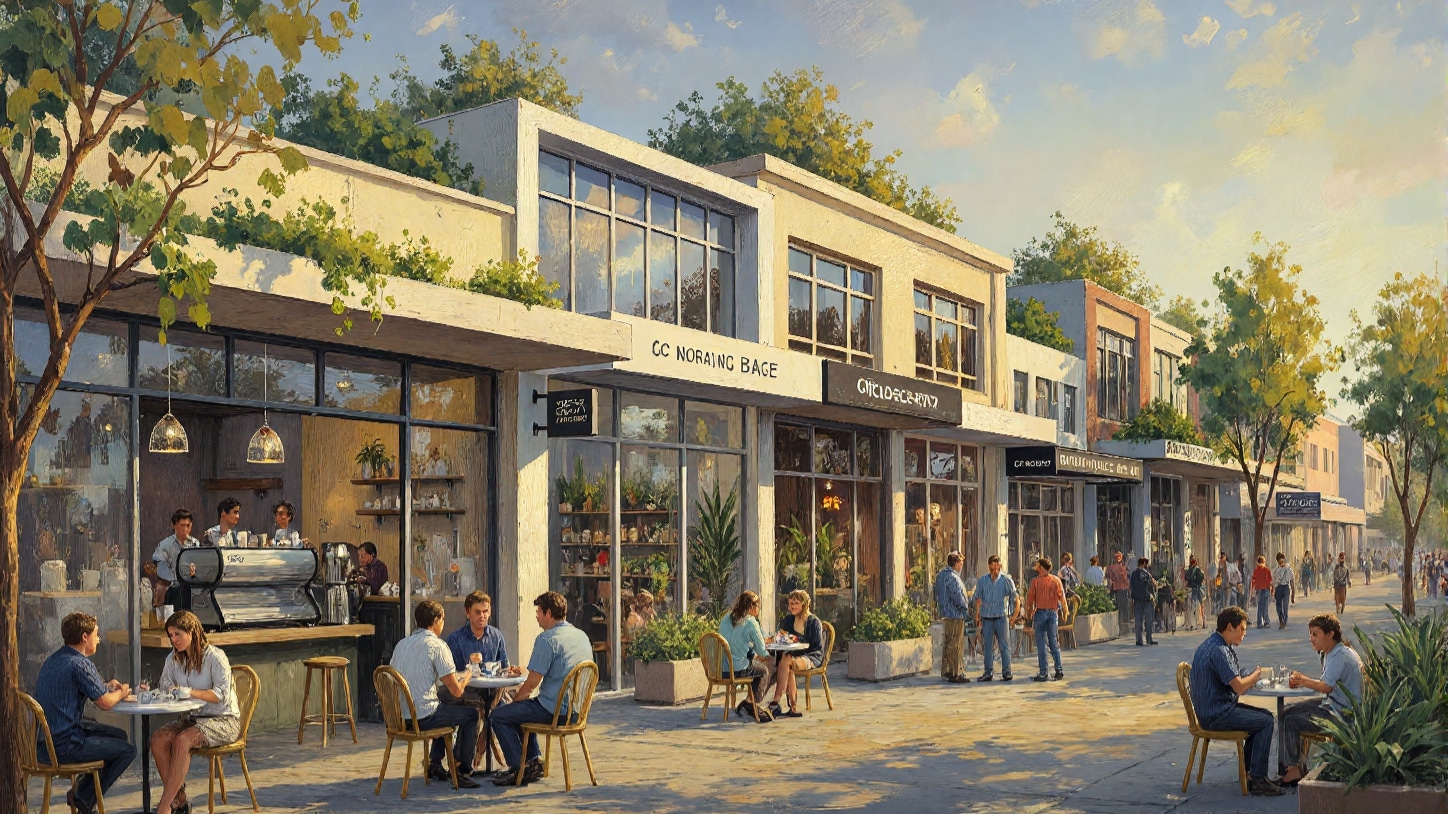 Three distinct business environments featuring people working at tables and a coffee shop.