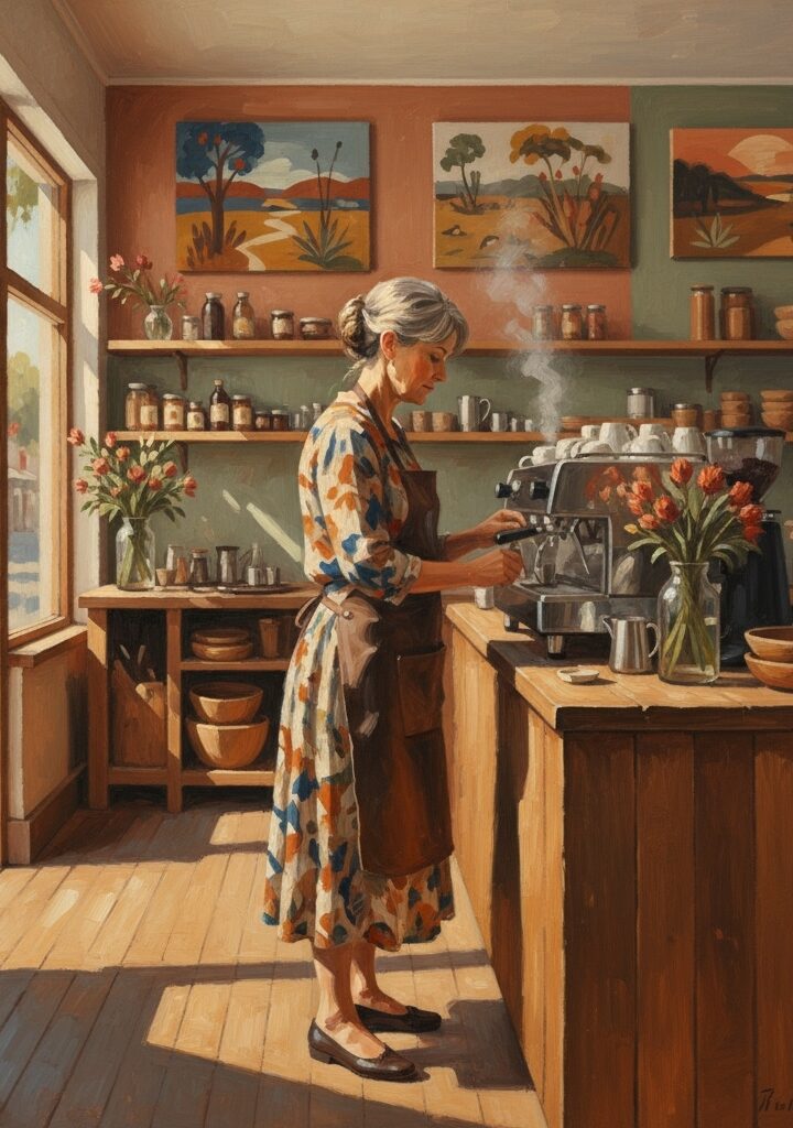 Woman in an apron arranging dried flowers in glass vases on a wooden table.